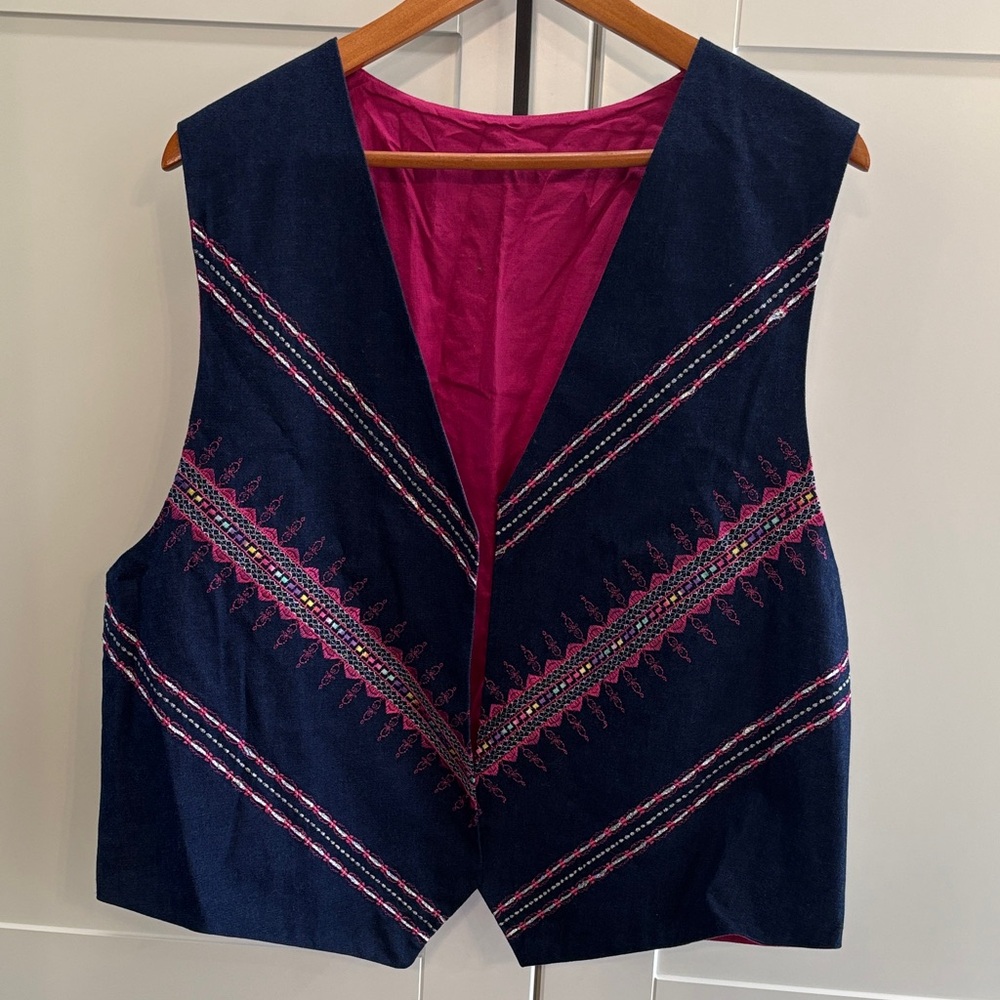 Embroidered Navy Vest with Magenta Lining